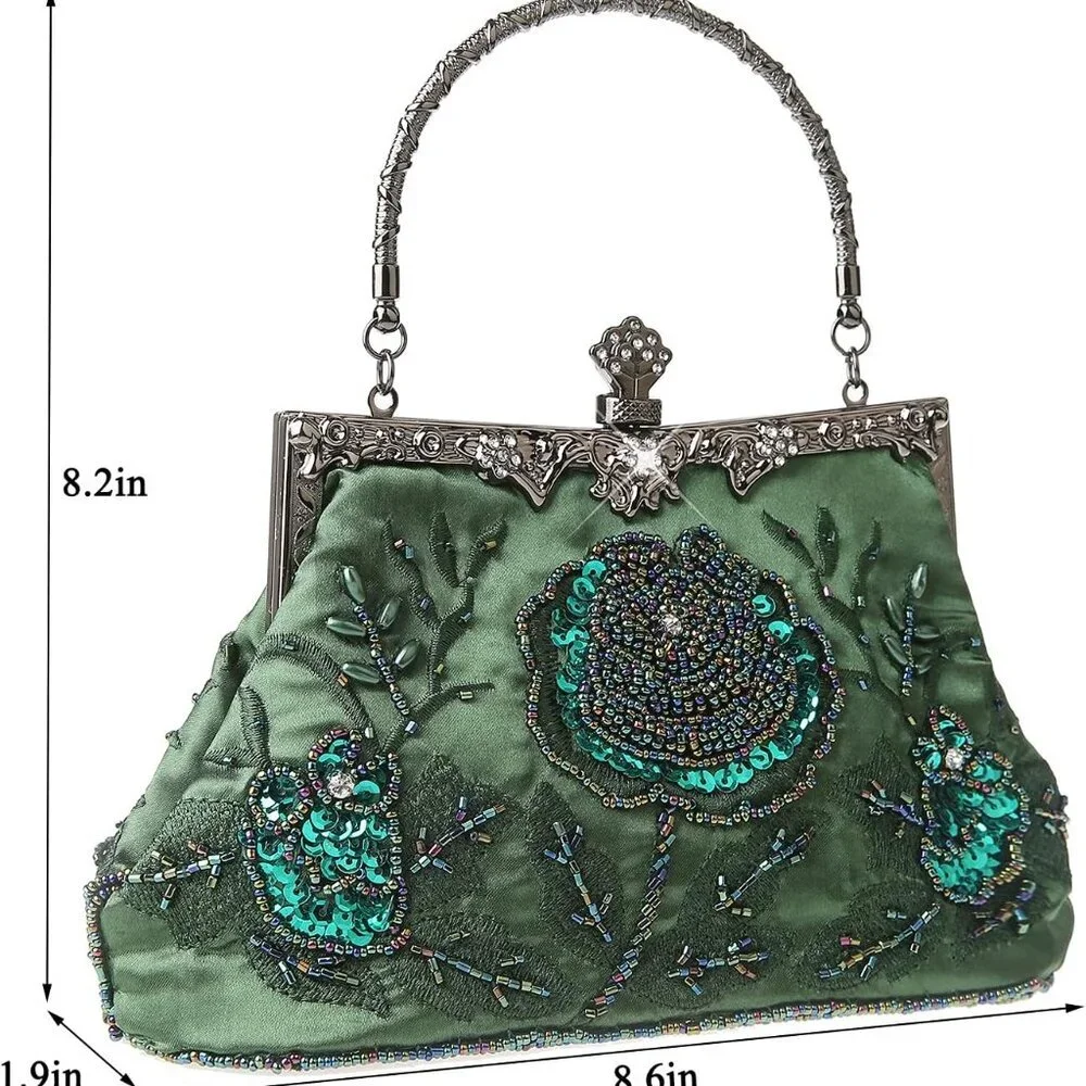 Womens Vintage Floral Beaded Rhinestone Embroidery Clutch Sequin Crossbody Bag E - Picture 3 of 7